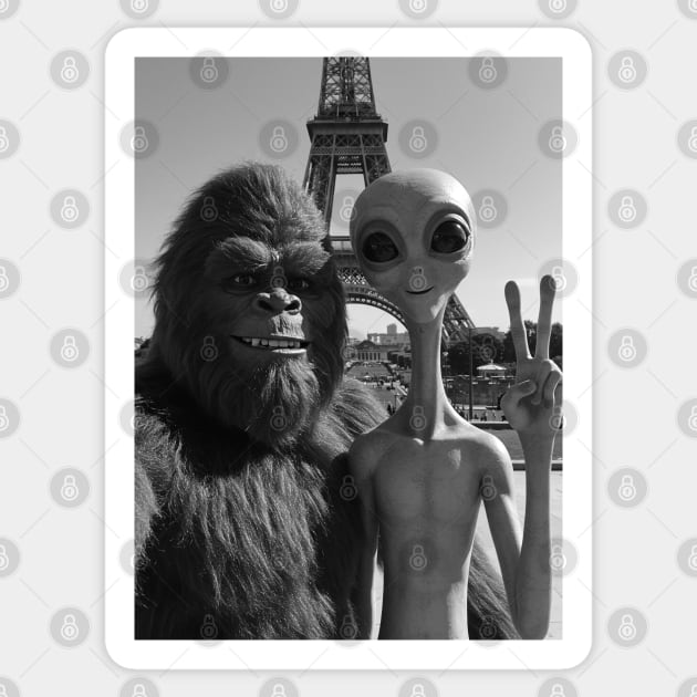Selfie of Bigfoot and Alien in Paris-Eiffel Tower-3 Sticker by Megadorim